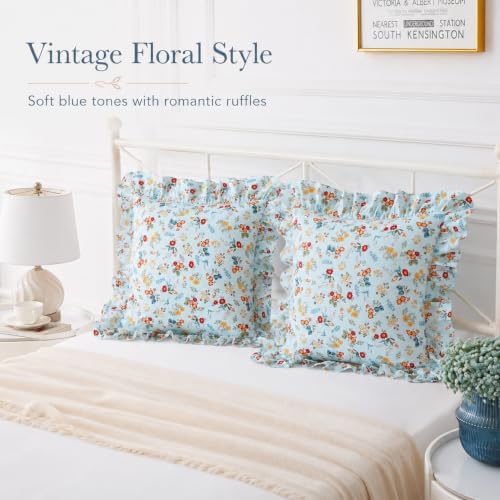 Mywinlle Farmhouse Blue Floral Ruffle Throw Pillow Covers Set of 2, 100% Cotton - Image 2