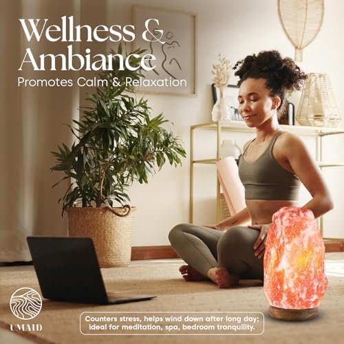 UMAID Himalayan Salt Lamp 8–10"(7–11 lb) Dimmable Pink Rock Salt Lamp with Wooden Base & Night Light Bulb, Spa Decor for Meditation Room, Massage Stones Ambiance, Desk & Bedroom,Gifts for Men & Women - Image 5