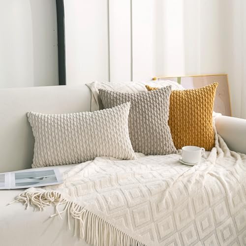 Set of 4 Grey White Taupe Decorative Throw Pillow Covers 24x24 Inch Corduroy - Image 3