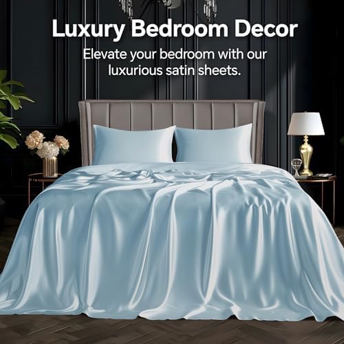 BEDELITE Satin Sheets Twin XL Size Bed Set, Light Blue, 3 Pieces - Image 2