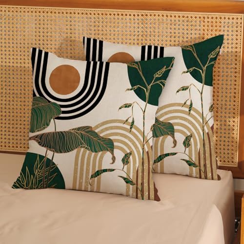 Boho Green Pillow Covers 18x18 Set of 2 Green Gold Leaf Tropical Mid Century - Image 2