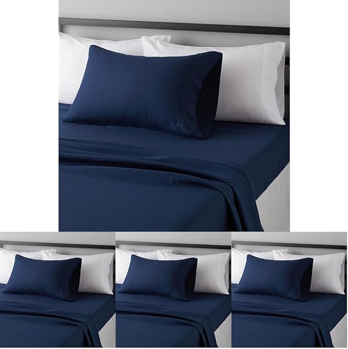 Amazon Basics Lightweight Super Soft Luxury Wrinkle Free Breathable Microfiber 3 Piece Fitted Sheet Set with 14-Inch Deep Pockets, Twin XL, Navy Blue, Solid (Pack of 4)