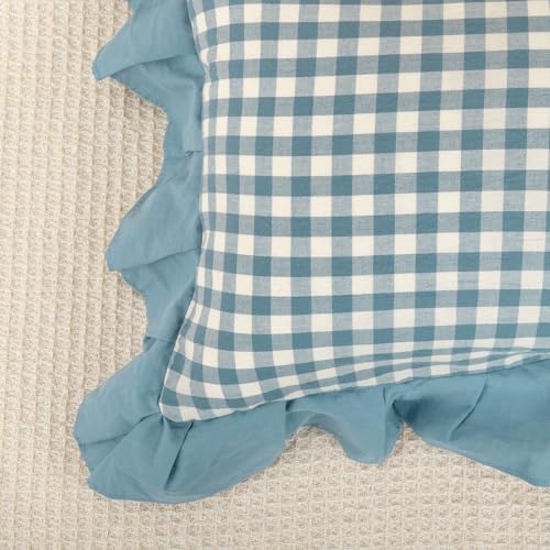 JoraLion Ruffled 20x20 Pillow Cover Gingham Smoke Blue Solid Edge - Image 6