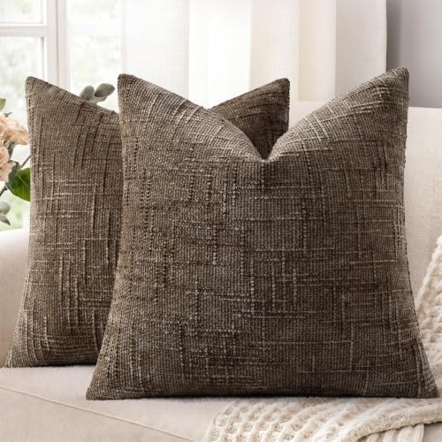 decorUhome Textured Chenille Throw Pillow Covers 24x24 Set of 2 Taupe by decorUhome