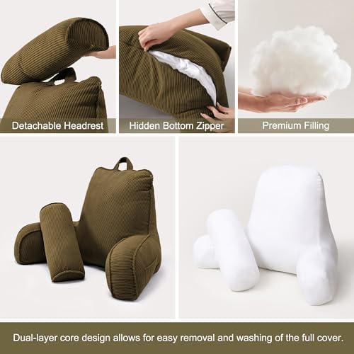 Bed Rest Reading Pillow with Arms & Detachable Headrest, Corduroy Backrest - Image 6