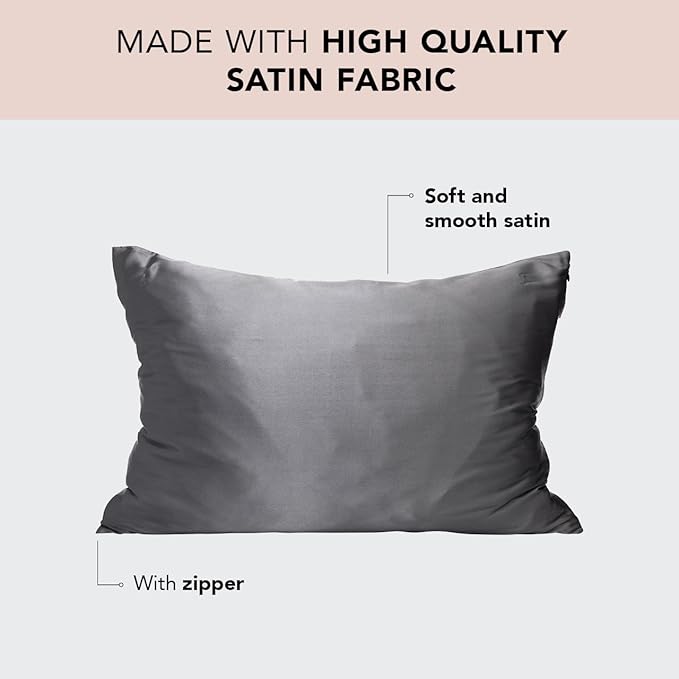 Kitsch Satin Pillowcase with Zipper for Hair & Skin, Softer Than Silk Pillow Cases Queen Size Set of 2, Wrinkle-Free, Smooth and Cooling Satin Pillow Covers, Standard Size 19"x26" - Charcoal, 2pcs