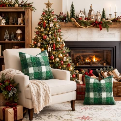 EMEMA Christmas Pillow Covers 18x18 Set of 2, Buffalo Plaid Boucle Throw Pillow - Image 5