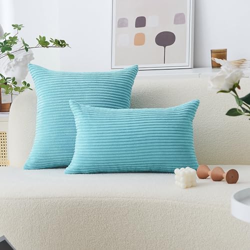 Home Brilliant Turquoise Pillow Covers Striped Corduroy Plush Texture Velvet - Image 5