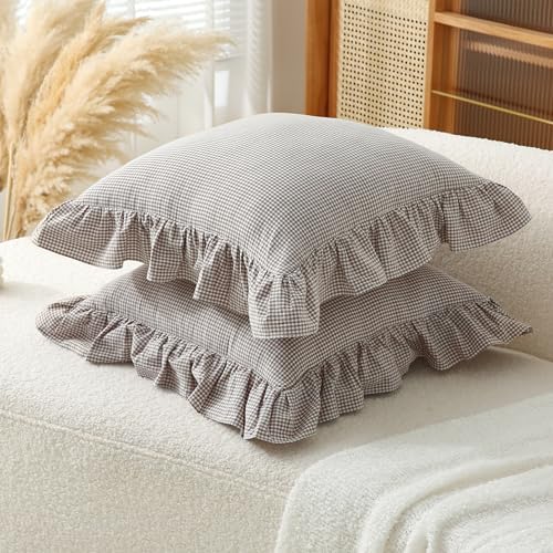 Gingham Throw Pillow Covers 18x18, Ruffle Trim - Image 7
