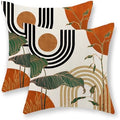 Boho Orange Pillow Covers 18x18 Set of 2 Green Gold Leaf Tropical Mid Century by GOLIANDA