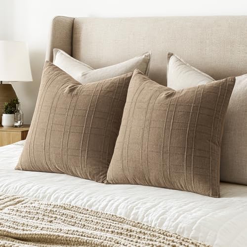 MIULEE Linen Plaid Pillow Covers Fall Decorative Euro 24x24 Light Brown - Image 3