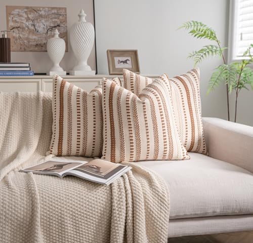 Cethom Brown Boho Throw Pillow Covers 22x22 Inch Set of 2, Stripe Textured - Image 2