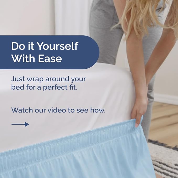 Wrap Around Dust Ruffle Bed Skirt - Light Blue - for Full Size Beds with 12 Inch Drop - Elastic Strap - Adjustable Pleated Bedskirt with Brushed Fabric and Wrinkle Free - for Women, Men, Kids & Teens