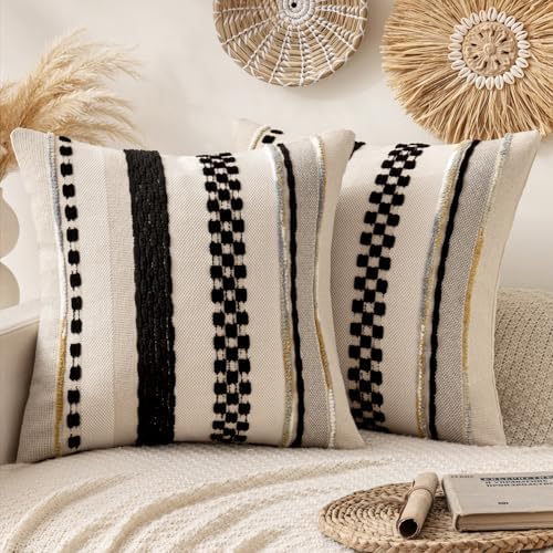 ANRODUO Boho Decorative Pillow Covers 18x18 Inch Black Stripe Pack of 2 by ANRODUO