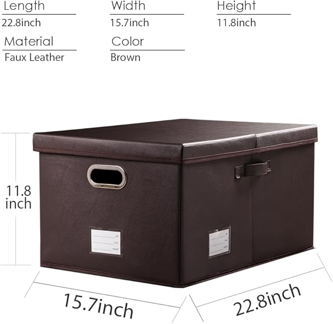 PRANDOM Collapsible Storage Box with Lid [3-Pack] Leather Fabric Foldable Storage Bin Organizer Container Basket Cube with Cover for Home Bedroom Closet Office Nursery Brown(22.8X15.7X11.8)