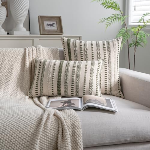 Cethom Green Boho Throw Pillow Covers 12x20 Inch Set of 2, Stripe Textured - Image 2