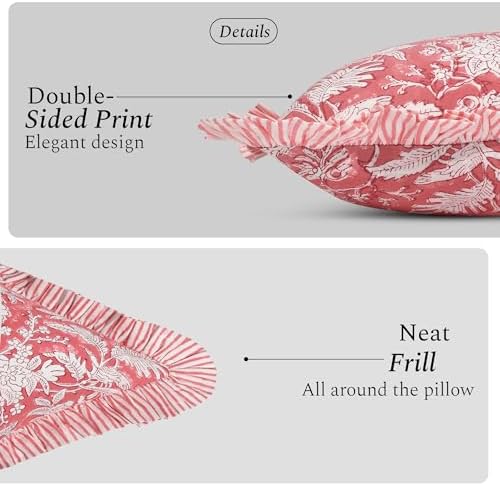 CPC Block Print Pink Coral Ruffle Cotton Lumbar Pillow Cover 20x54 inch - Image 2