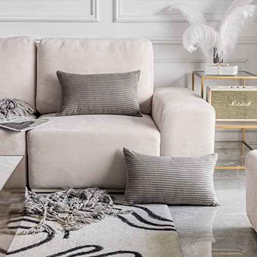 Home Brilliant Set of 2 Plush Velvet Corduroy Striped 12x20 Lumbar Pillow - Image 3