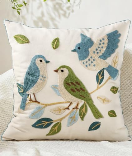 Animal Embroidered Throw Pillow Cover 18x18 Inch, Floral Birds by Kokaaee