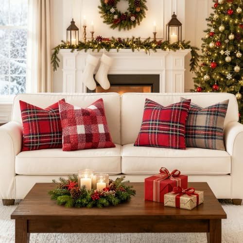 EMEMA Christmas Pillow Covers 18x18 Set of 2, Buffalo Plaid Boucle Throw Pillow - Image 6
