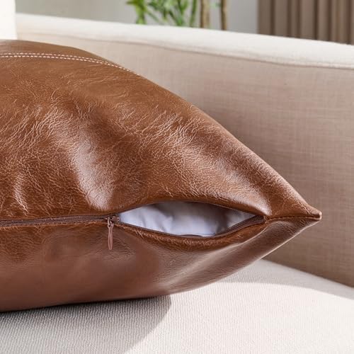 Fancy Homi Brown Boho Long Square Faux Leather Decorative Throw Pillow Covers - Image 3