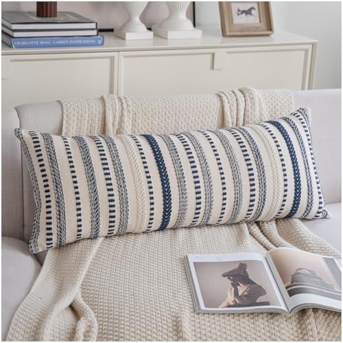 Cethom Navy Blue Boho Lumbar Pillow Covers 14x36 Long, Stripe Textured by Cethom