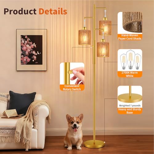 Hotsonic 72" Boho Rattan Tree Floor Lamp, Tall Dimmable Industrial Standing Lamp, Corner Decor Accent Lighting for Living Room, Bedroom, Dining Room, Nursery, Cafe (3 x 800LM Bulbs Included) - Gold - Image 5