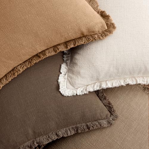 MIULEE Fall Linen Fringe Pillow Covers Set of 4 18x18 Neutral Brown - Image 5