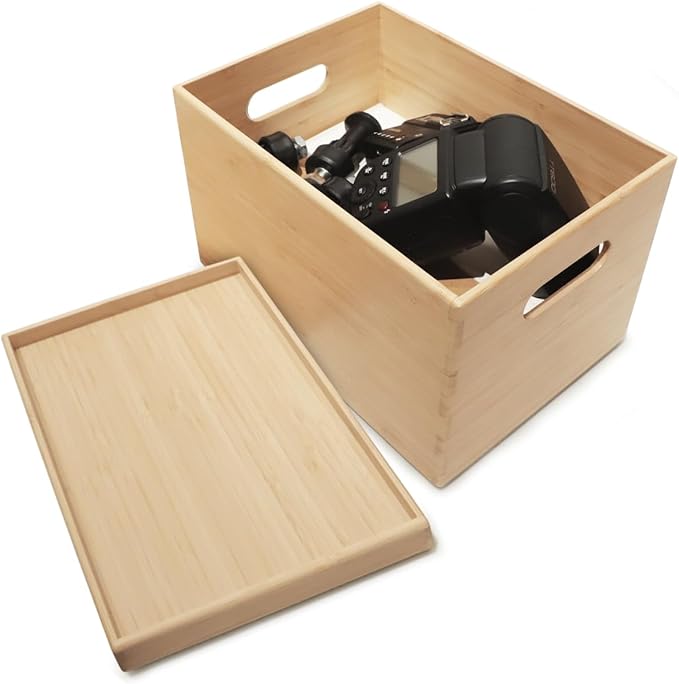 BAMOTTO Lidded Bamboo Storage Bins & Box/Cube/Basket, Home Kitchen and Office Storage Boxes with Handles & Stackable for Organizer Tableware, Clothing, Toys, Office Shelf Books, 10.2”x7.3”x6.5”