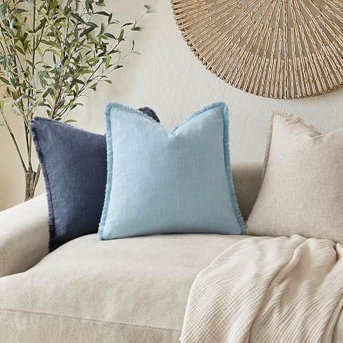 Foindtower Boho Linen Fringe Lumbar Throw Pillow Covers 12×20 Light Blue - Image 5