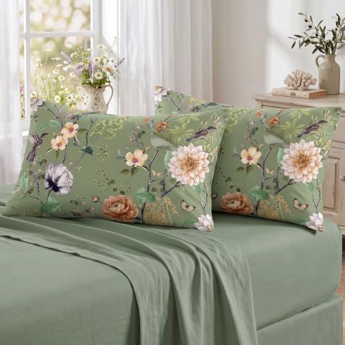 Bedorm 100% Cotton Pillowcases Set of 2 King Size Green Floral Pillow Cover by Bedorm