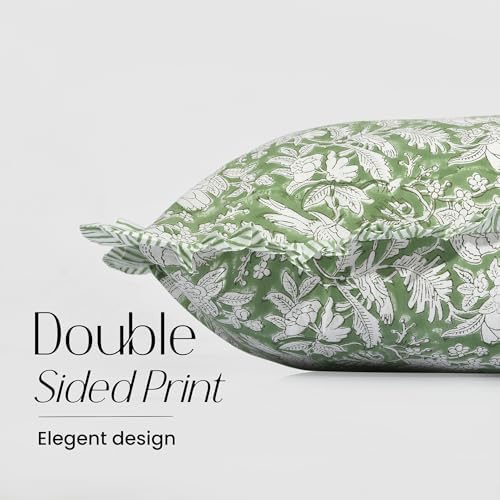 CPC Block Print Olive Green Ruffle Cotton Lumbar Pillow Cover 14x36 inch - Image 2