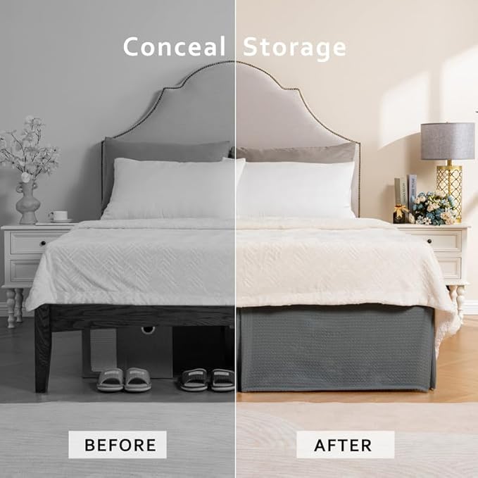 MIYE Pleated Waffle Weave Bed Skirt, Tailored Dust Ruffle 14 Inch Drop Easy Fit, Machine Washable (Dark Grey, Full - 14" Drop)