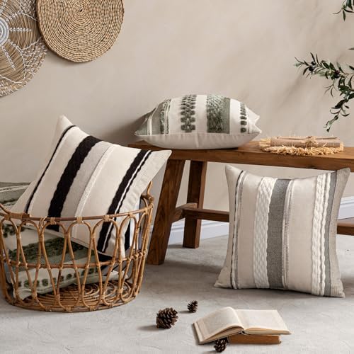 ANRODUO Boho Decorative Pillow Covers 18x18 Pack of 2 Black-White Stripe 2 - Image 3