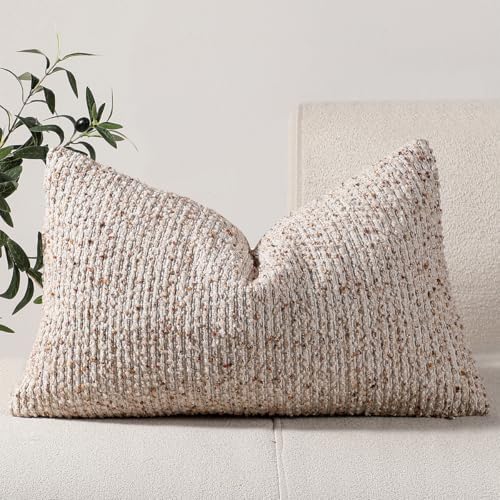 DEZENE 12x20 Beige Lumbar Pillow Cover Textured Boucle Striped Chic Morden Boho by DEZENE