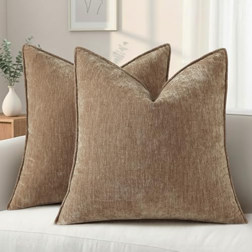 decorUhome Chenille Brown Velvet Throw Pillow Covers 18x18 Set of 2 by decorUhome