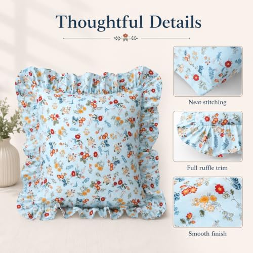Mywinlle Farmhouse Blue Floral Ruffle Throw Pillow Covers Set of 2, 100% Cotton - Image 5