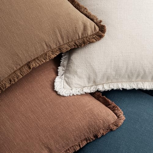 MIULEE Fall Linen Fringe Pillow Covers Set of 4 18x18 Beige/Brown/Blue - Image 6