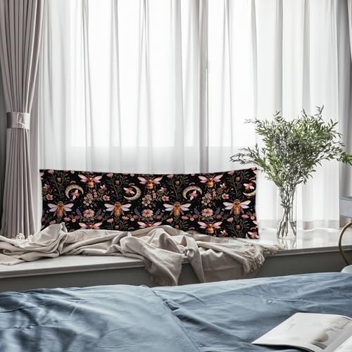 Vintage Moody Dark Floral Bumble Bee Moon Body Pillow Cover 20x54, Dark - Image 5