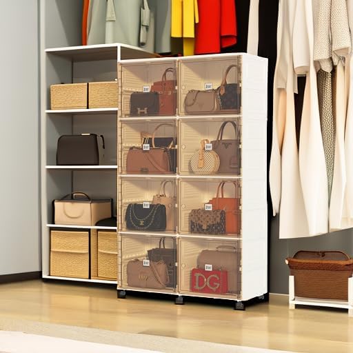8 Cubbies Handbag Storage Organizer for Closet, Foldable Purse Display Cabinet with Magnetic Doors and Wheels, Fits Shoes&Boots, Books, Toys, and More