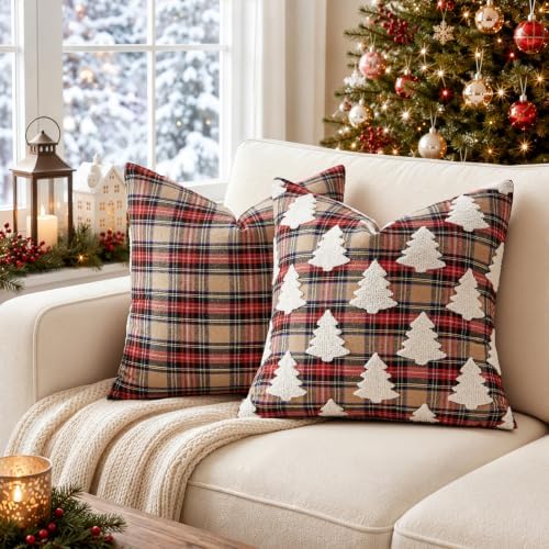 EMEMA Christmas Pillow Covers 20x20 Set of 2, Khaki Tartan Plaid Throw Pillow - Image 4