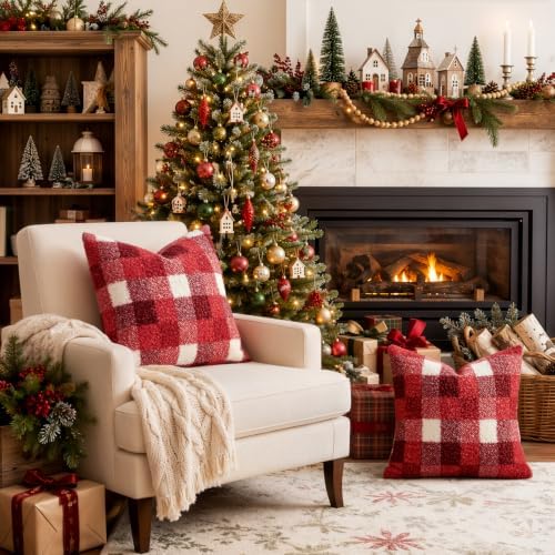 EMEMA Christmas Pillow Covers 18x18 Set of 2, Buffalo Plaid Boucle Throw Pillow - Image 5