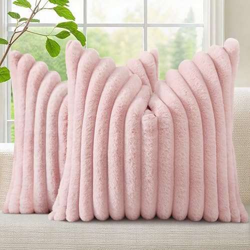 decorUhome Fall Faux Fur Throw Pillow Covers 22x22 Set of 2 Pink by decorUhome