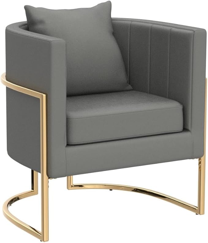 Velvet Modern Accent Chairs Set of 2, Upholstered Barrel Armchair Mid Century with Pillow for Living Room, Comfy Single Vanity Chair with Metal Gold Legs for Bedroom, Grey