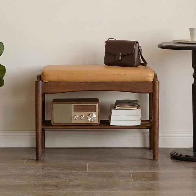 Black Walnut Shoe Bench Assembled, Solid Wood Shoe Rack Bench with Silicone Leather Cushion for Entryway, Living Room, Bedroom, Hallway