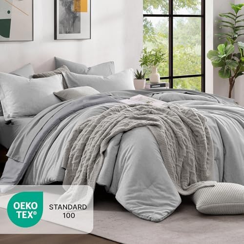 Monbix Full Comforter Set 7 Pieces Light Grey Cationic Dyeing Bed in a Bag - Image 5