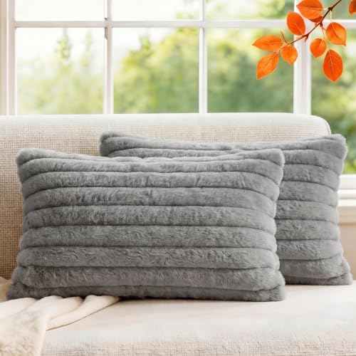 Set of 2 Decorative Throw Pillow Covers 20x12 Faux Fur Dark Gray by MEGAYESHome