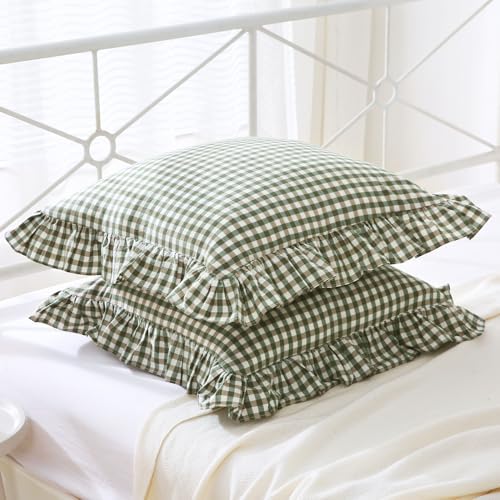 Mywinlle Sage Green Gingham Plaid Ruffle Throw Pillow Covers 18"x18" - Image 4
