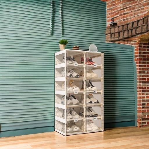 ANTBOX Foldable Shoe Rack,Shoe Organizers for Closet Plastic Shoe Storage Box For Entryway,Living Room,Large Sturdy Stackable Sneaker Cabinet Bins With Magnetic Clear Door 6 Tiers 12 Pairs