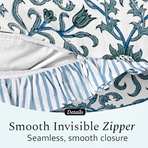 CPC Block Print Ocean Vine Ruffle Cotton Lumbar Pillow Cover 14x36 inch - Image 3
